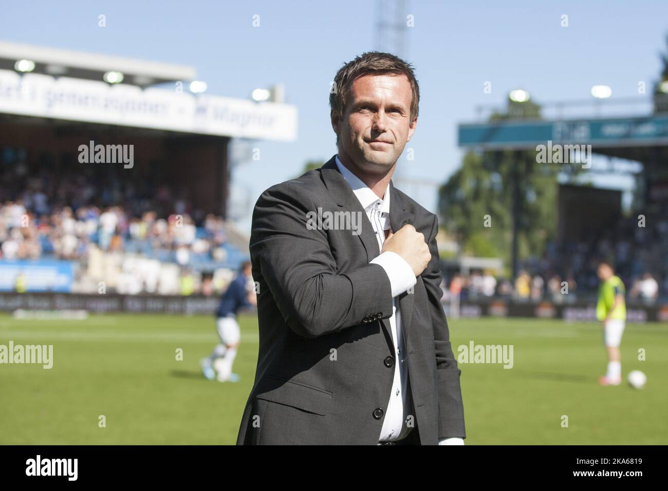 Outgoing manager of Stromsgodset FK and incoming manager of Scottish Premiership club Celtic Ronny Deila during farewell ceremony after half time of the match between Deila`s former club Stromsgodset and Haugesund in the Norwegian top football league in Drammen, 9 June 2014. Photo by Audun Braastad, NTB scanpix Stock Photo